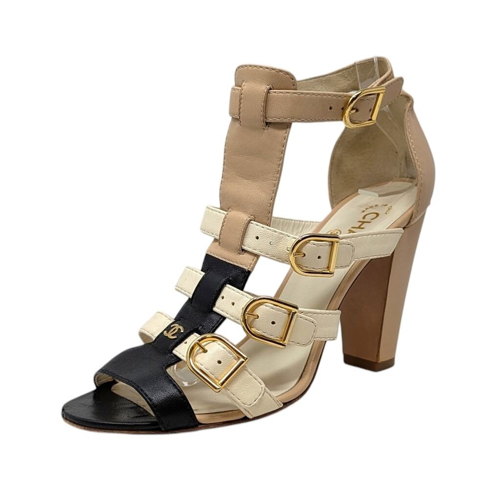 Chanel Gladiator Caged Block Heel Sandal Black Beige Cream Gold CC Logo 38.5 | 8